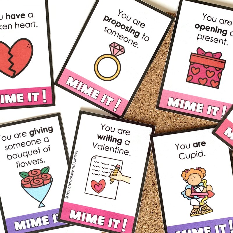 Valentine's Day action verb charades game for ESL and classroom parties
