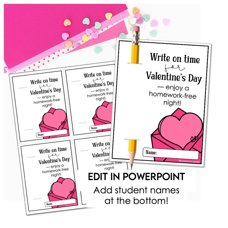 Valentine's Day homework pass printable student gift tag with pencil holder