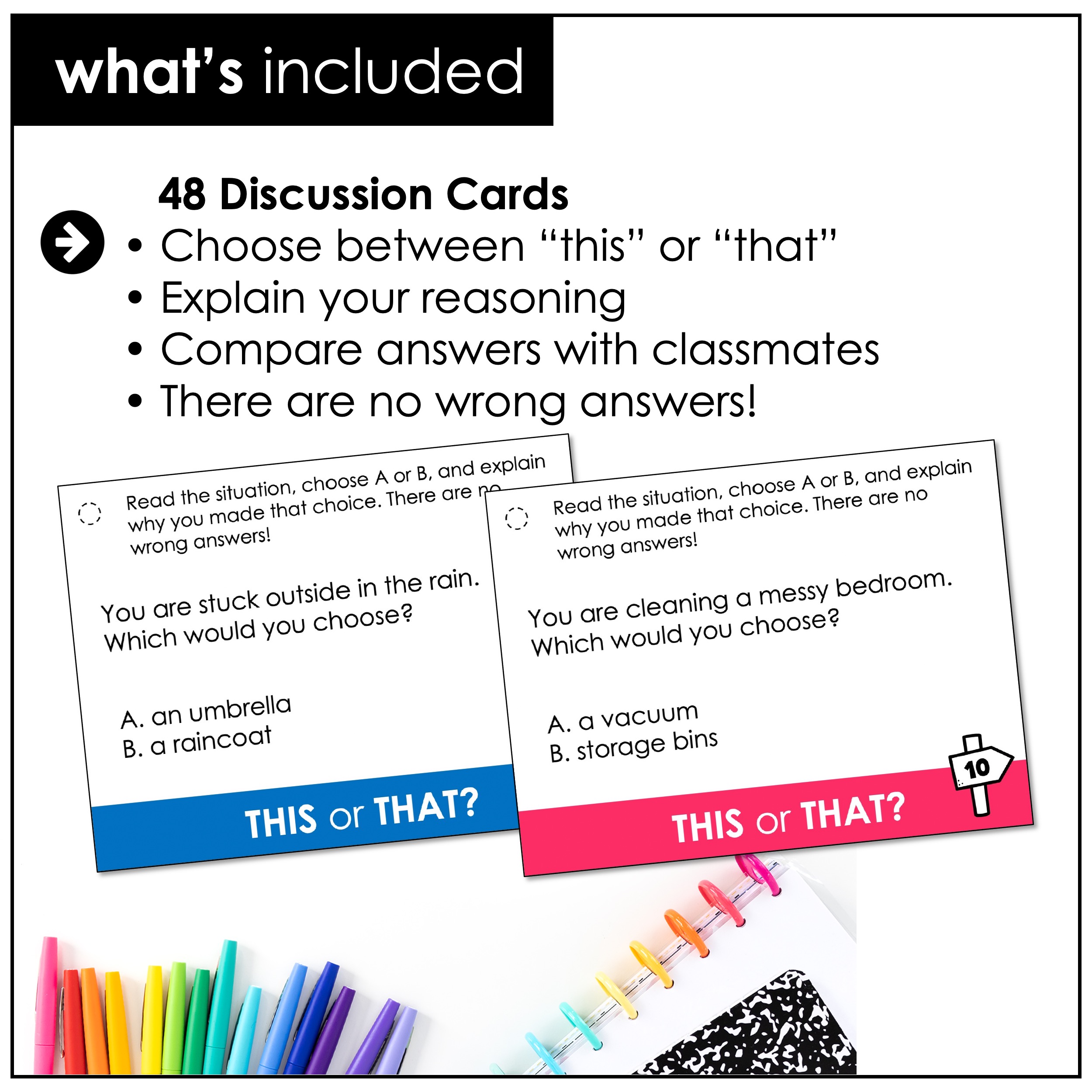 This or That task cards preview showing decision-making speaking prompts for classroom discussion