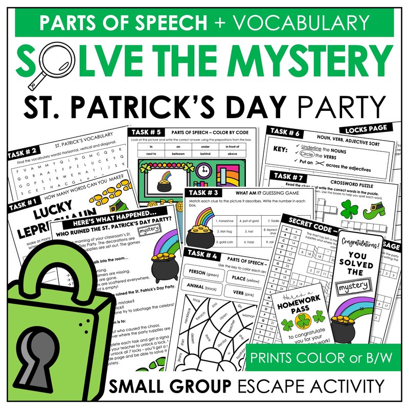 St. Patrick’s Day classroom escape room grammar and vocabulary mystery activity