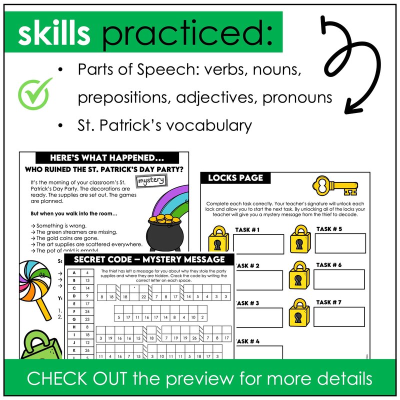 St. Patrick’s Day grammar escape room parts of speech and vocabulary skills practice pages