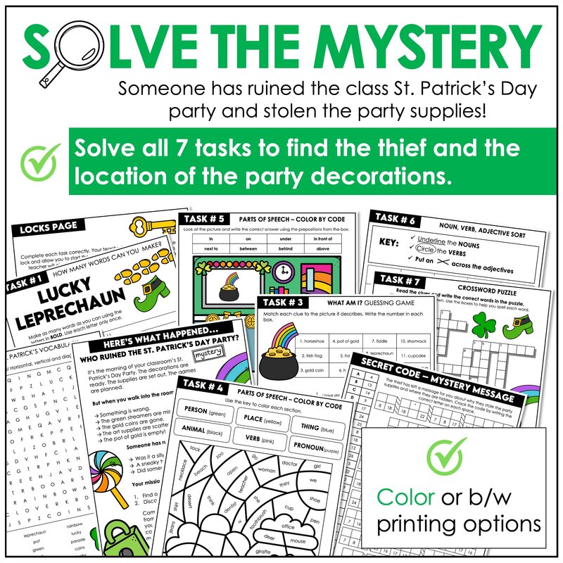St. Patrick’s Day solve the mystery classroom escape room tasks and puzzles overview