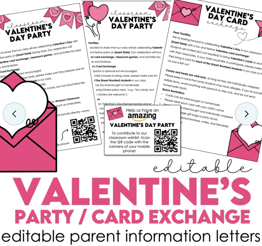 Editable Valentine's Day party parent letter and card exchange note for classroom parties