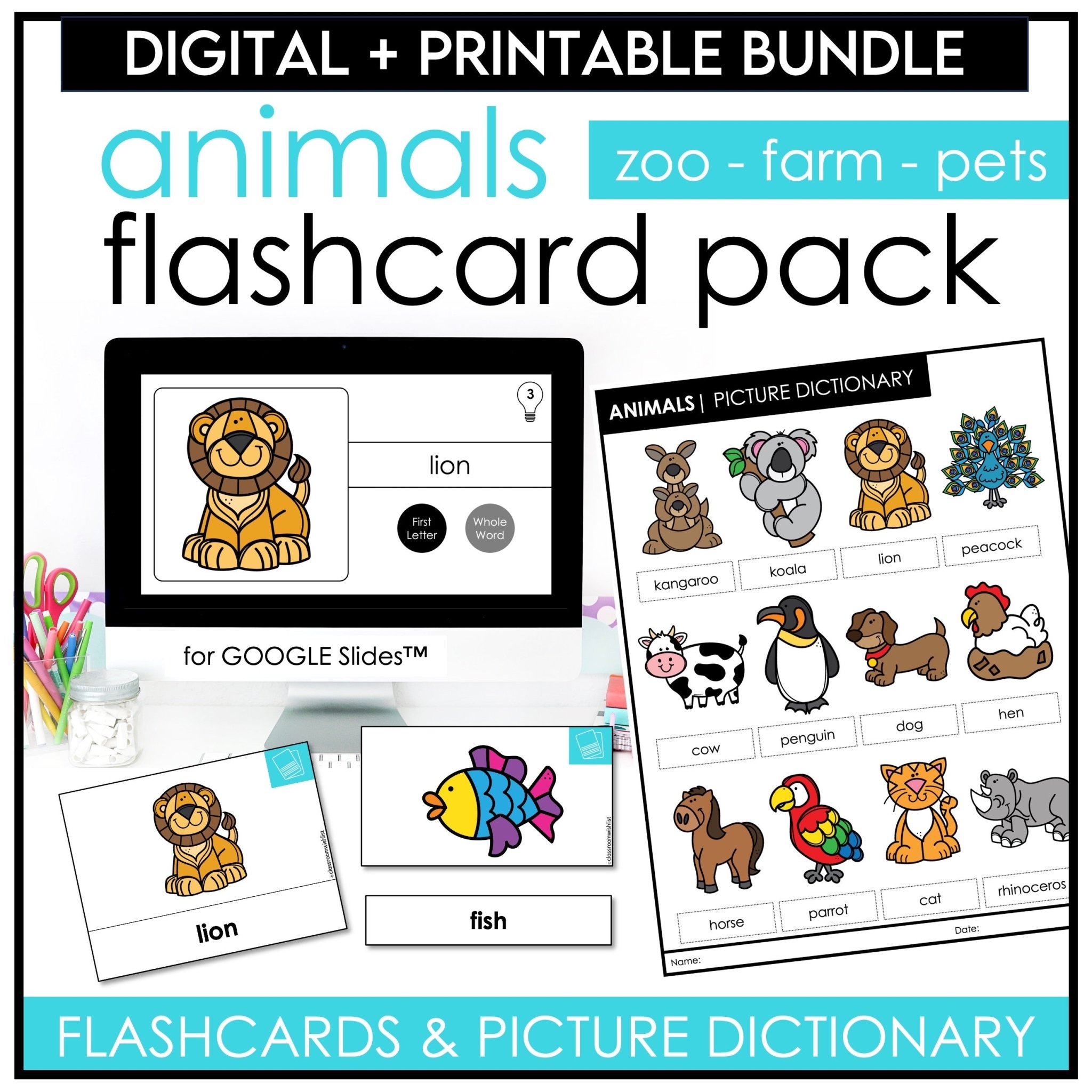 Animals flashcard bundle zoo farm pets flash cards and picture dictionary for vocabulary practice