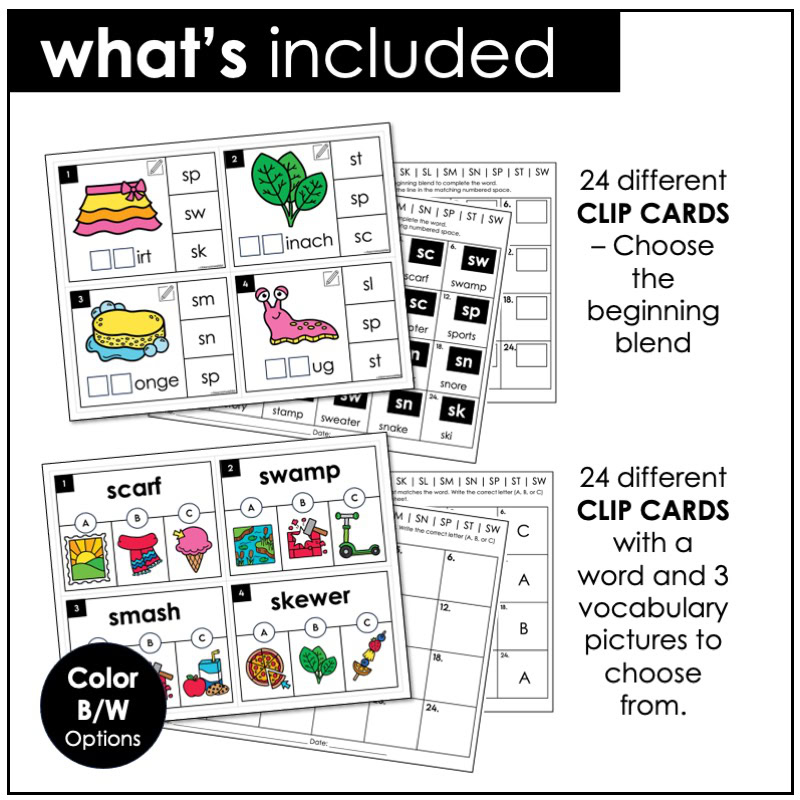 Beginning S-blends clip cards for phonics centers