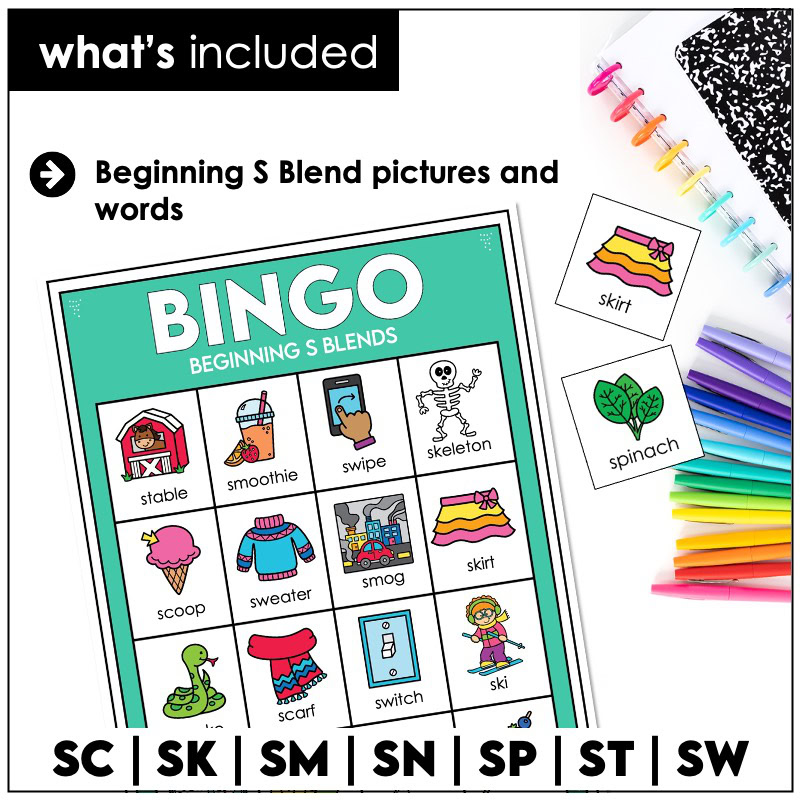 Beginning S-blends picture and word bingo phonics game