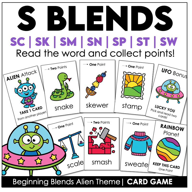 Printable S-blends phonics card game with picture and word support