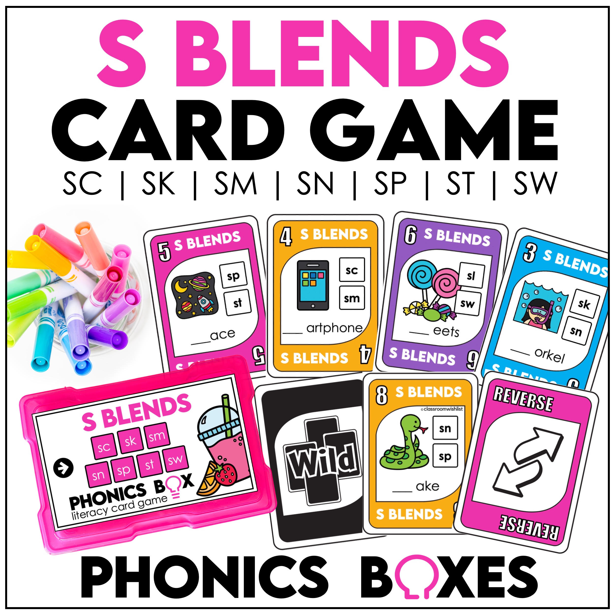 Beginning blends card games for S blends, L blends, and R blends phonics practice