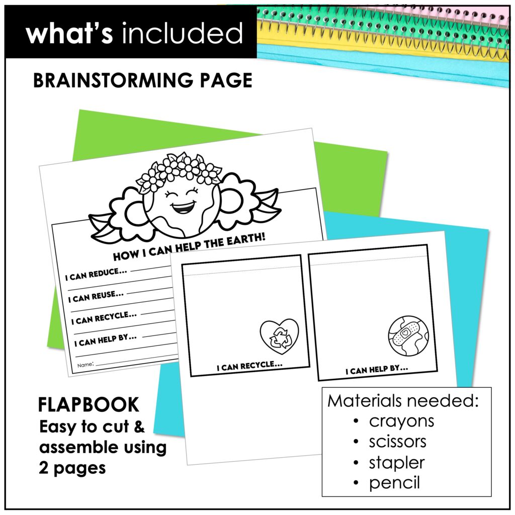 Earth Day brainstorming worksheet for students to write ideas about reducing, reusing, and recycling. Printable classroom activity