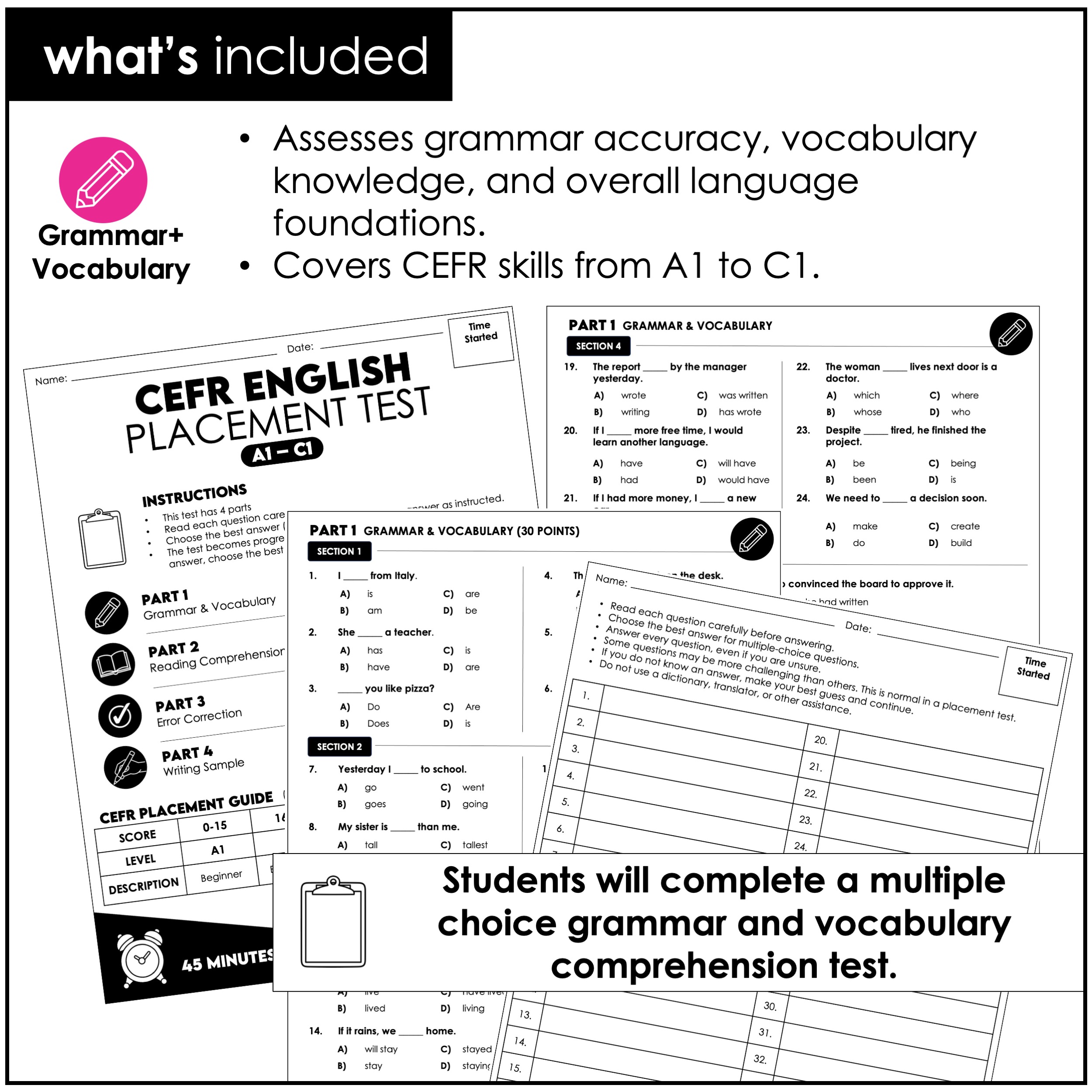 CEFR placement test writing and speaking rubrics for ESL assessment