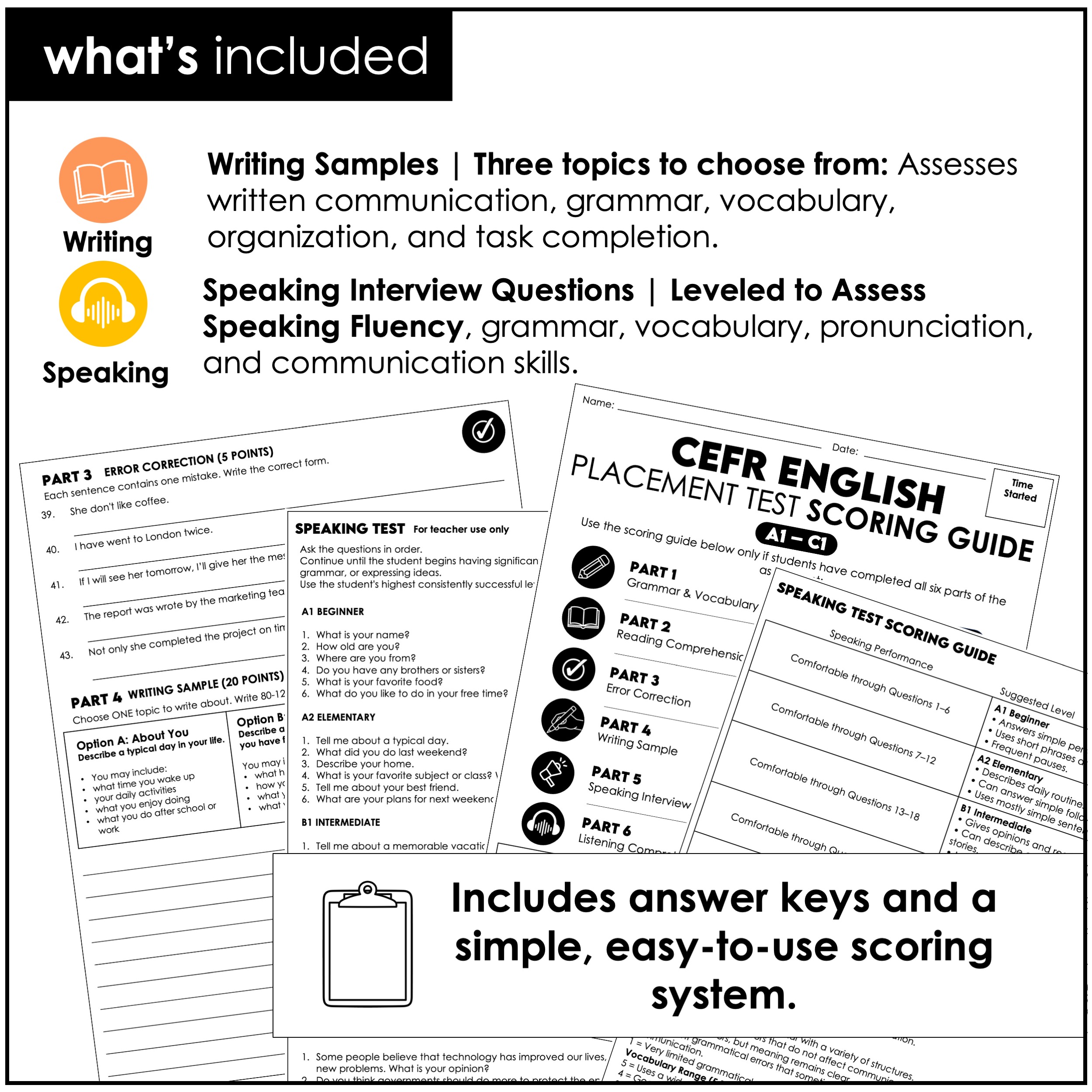 English level assessment test for ESL placement with reading listening writing and speaking