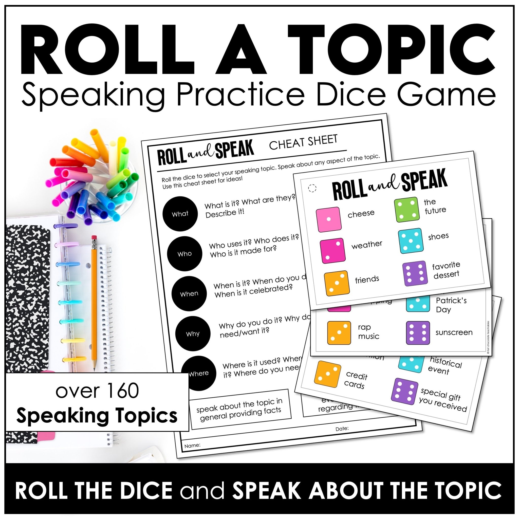 ESL speaking dice game with basic vocabulary and student-led speaking topics