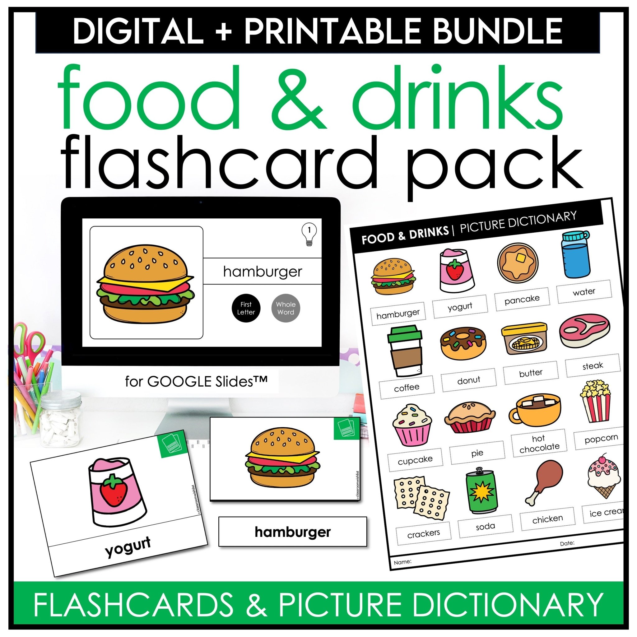 Food and drinks vocabulary flashcards digital and printable picture dictionary for ESL students