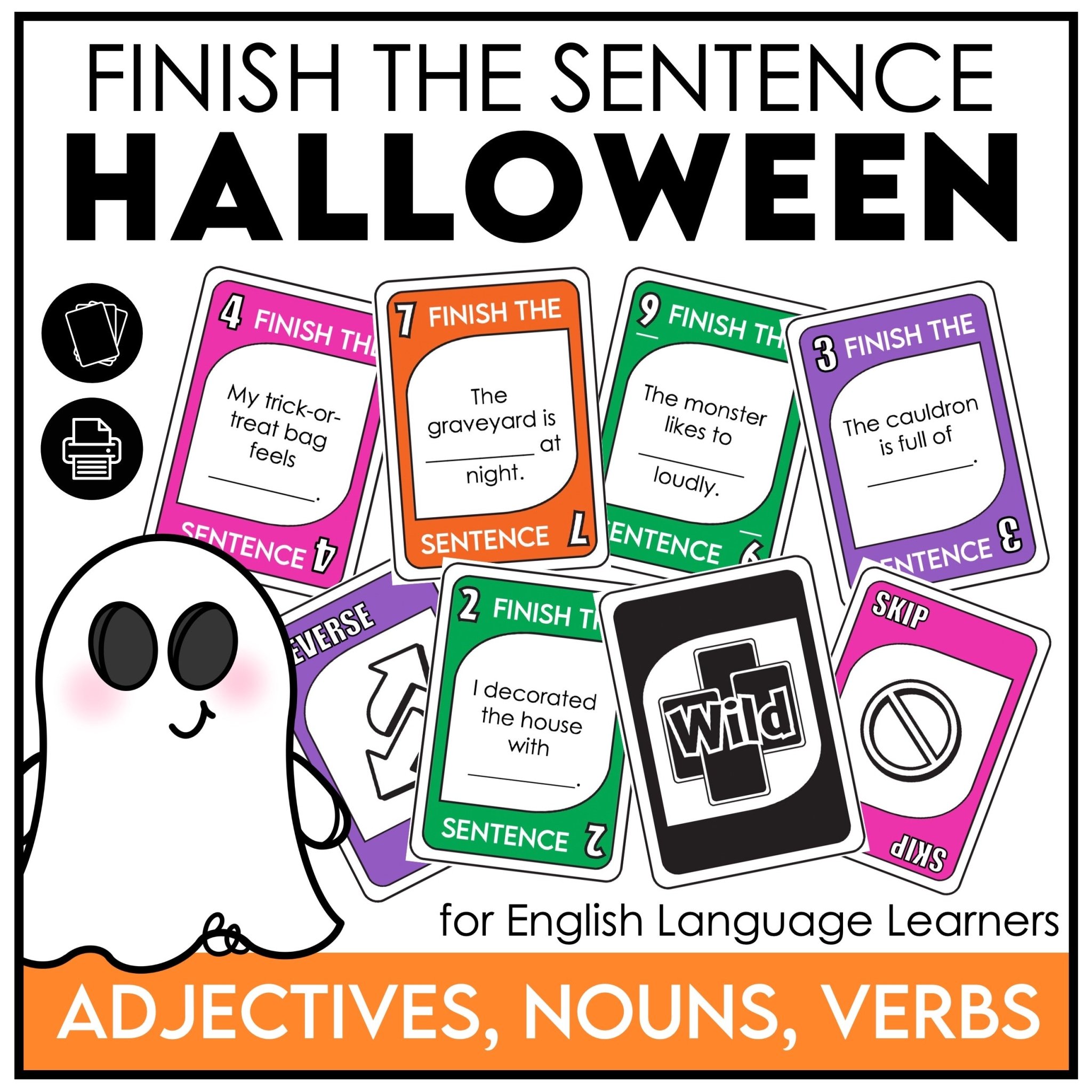 Halloween finish the sentence card game for vocabulary and grammar practice