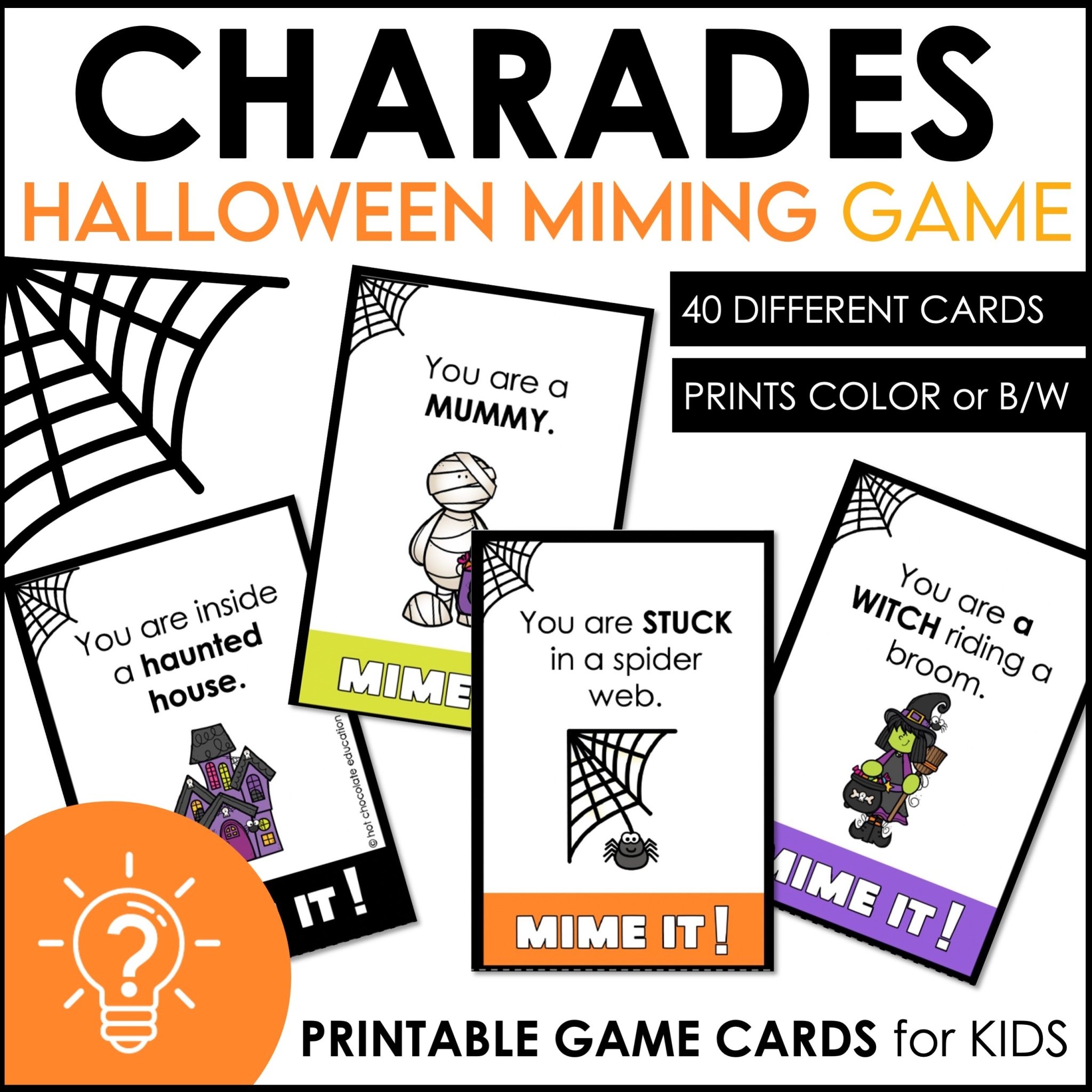 Halloween charades miming game cards for kids ESL action verbs activity