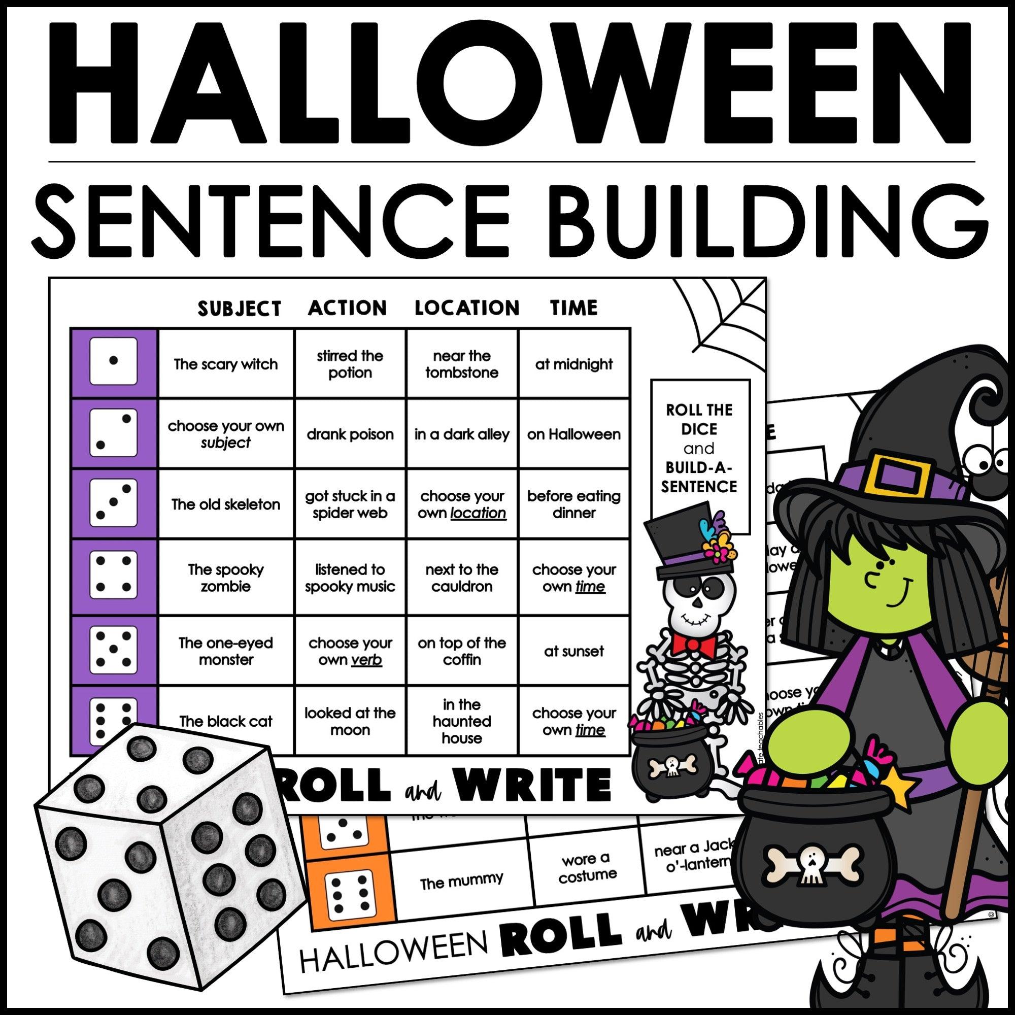 Halloween sentence building dice activity for ESL grammar practice