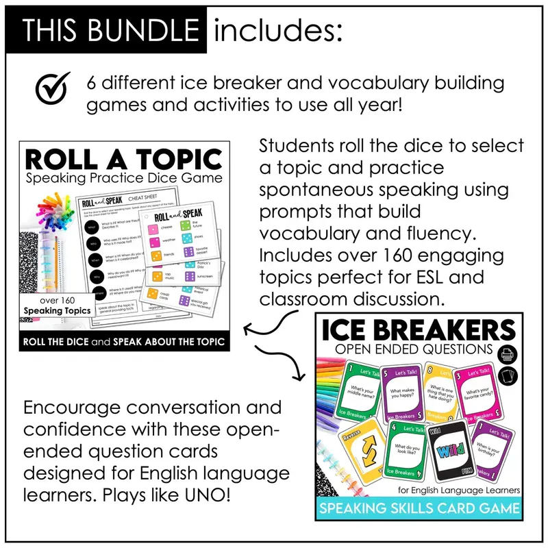 Printable ESL conversation games bundle for first day ESL activities and first week speaking routines