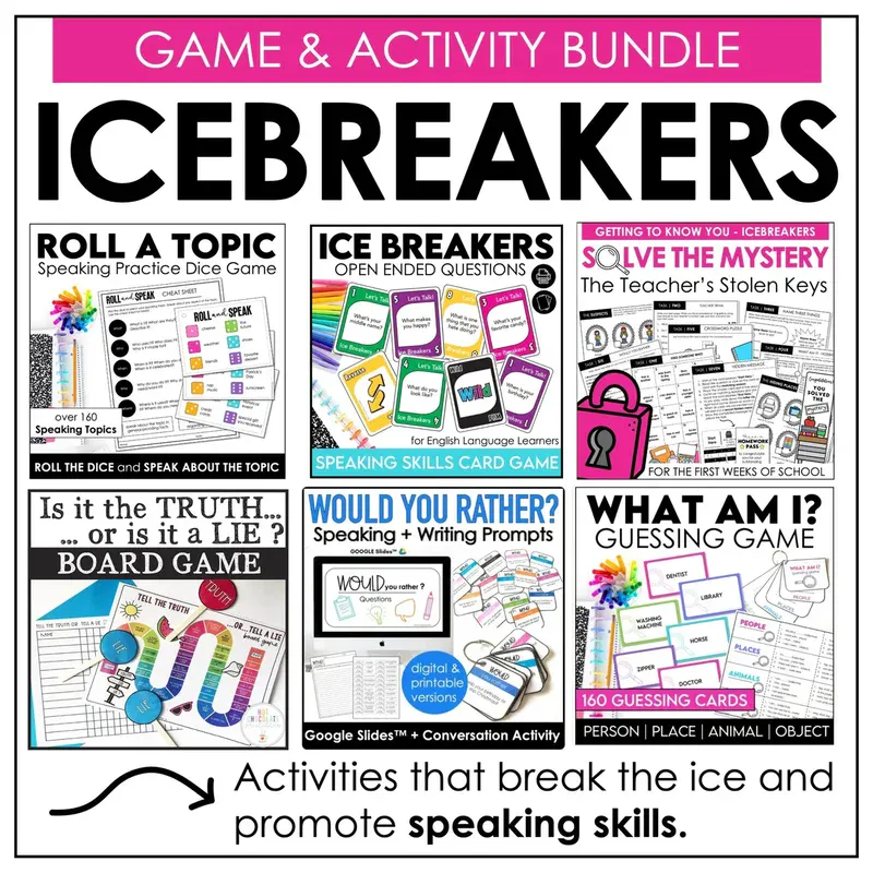 ESL icebreaker games bundle cover with printable speaking activities for back-to-school ESL and first week routines
