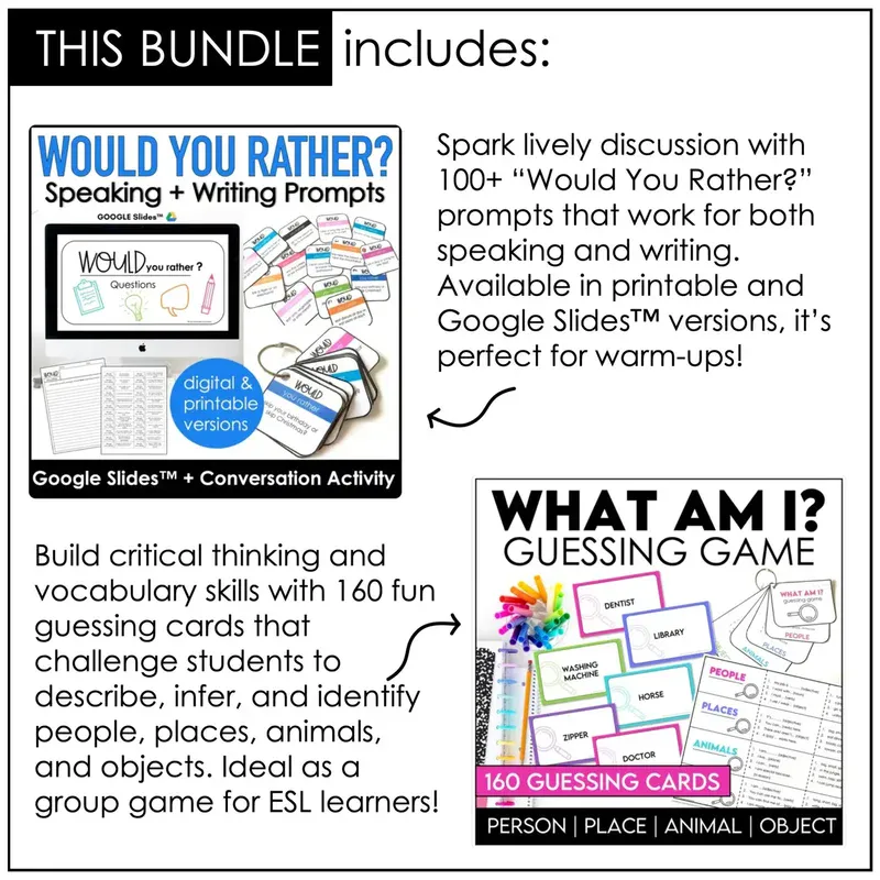 Back-to-school ESL icebreaker speaking activities bundle with printable conversation cards and warm-up games