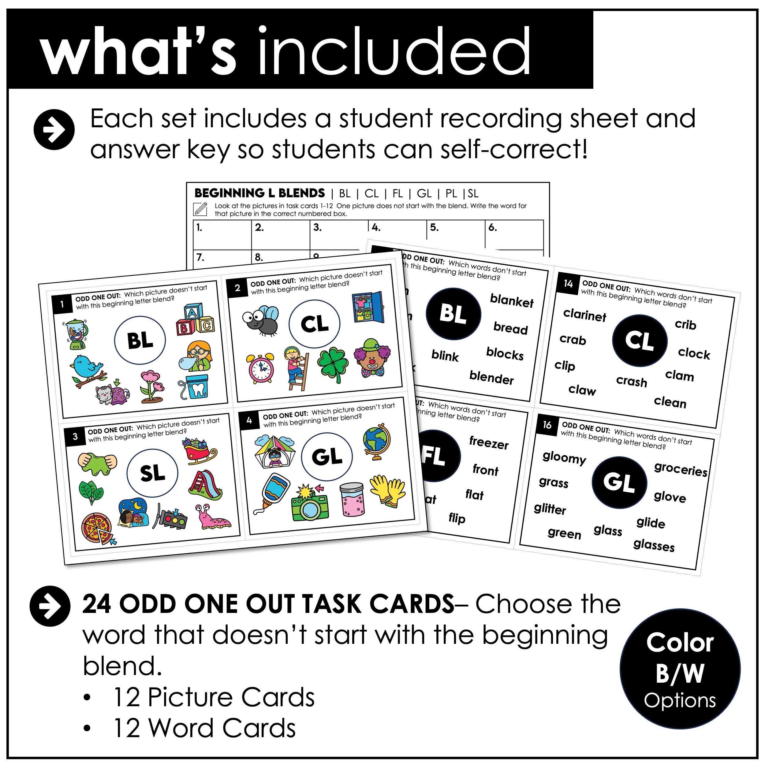 L blends odd one out task cards for listening and decoding practice in phonics intervention and centers