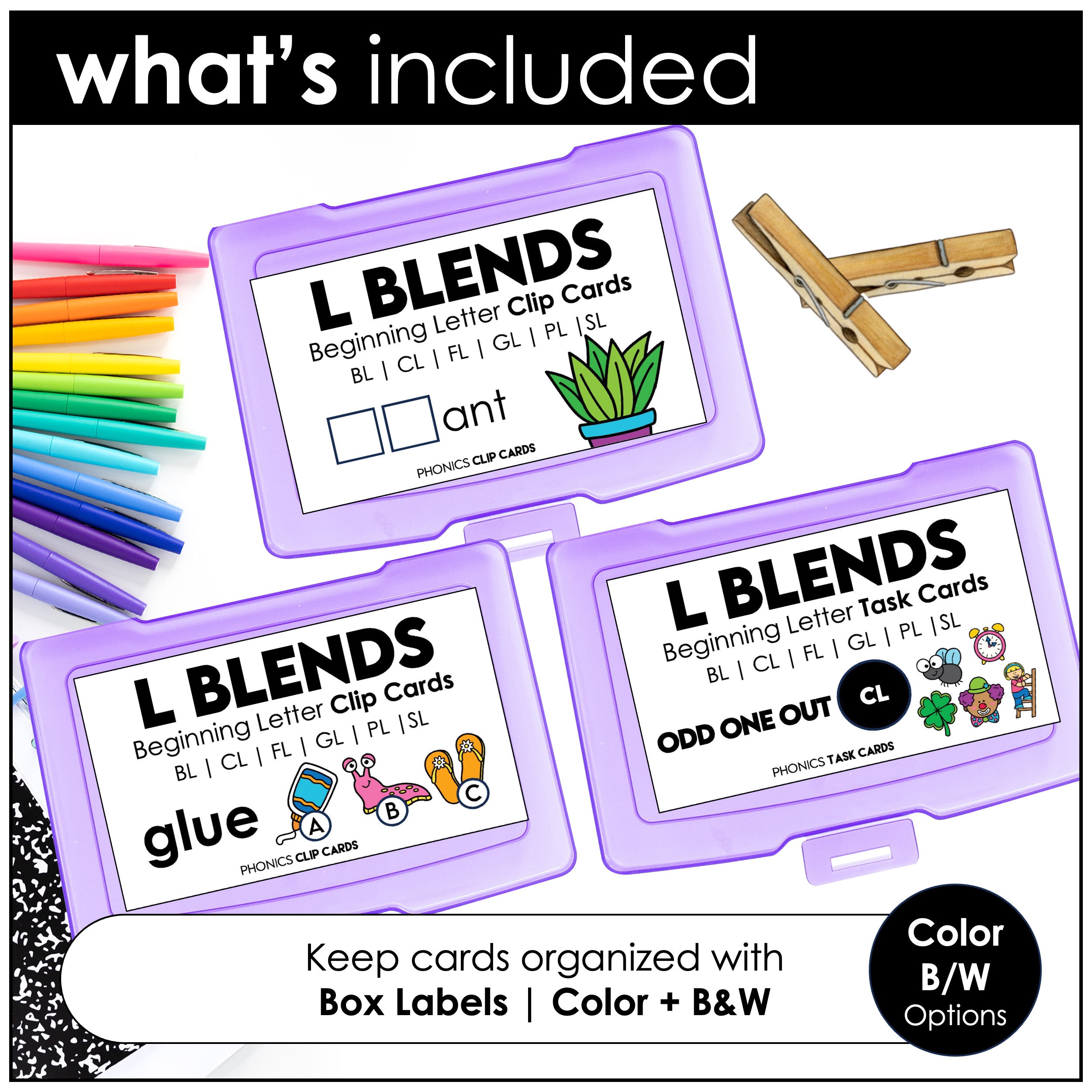 L blends phonics box labels printables for organizing task cards and clip cards in phonics centers