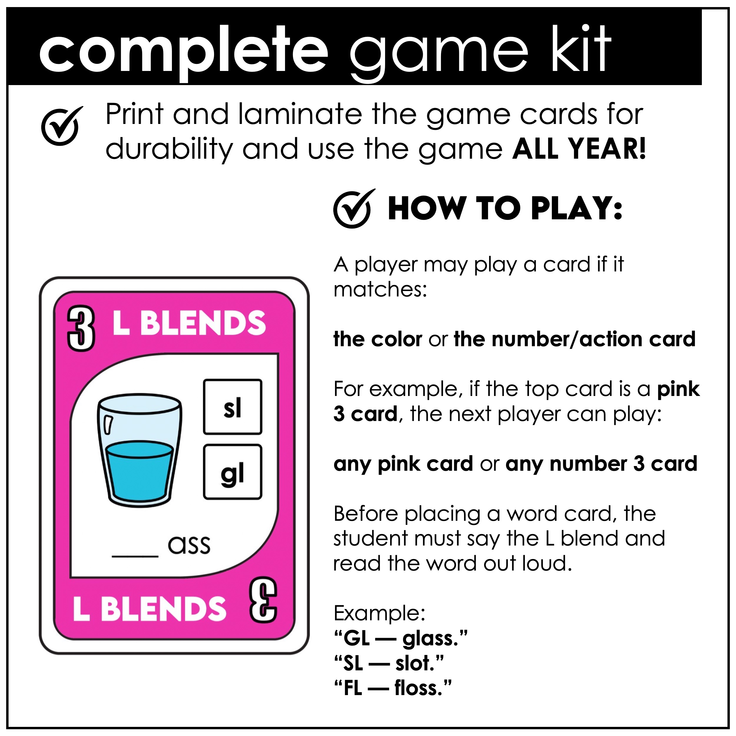 L blends phonics game directions for first grade beginning blends practice