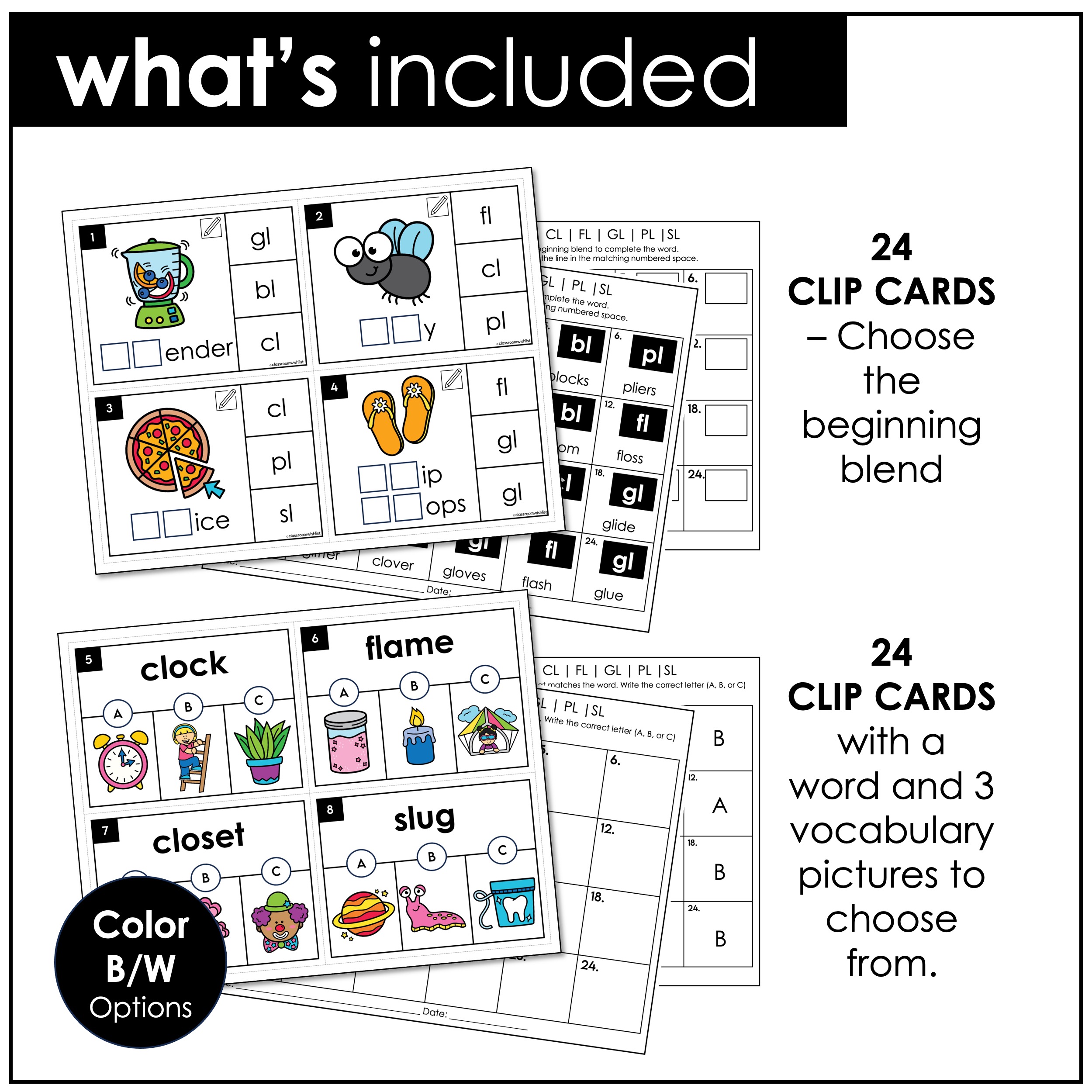 L blends task cards beginning letter blends phonics set for BL CL FL GL PL SL word work activities