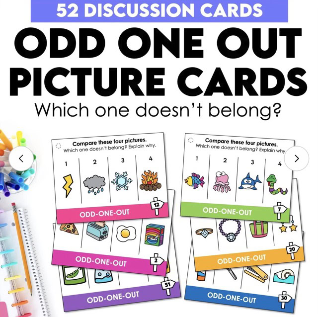 Odd-one-out picture cards for ESL speaking and critical thinking discussion in mixed-level classes