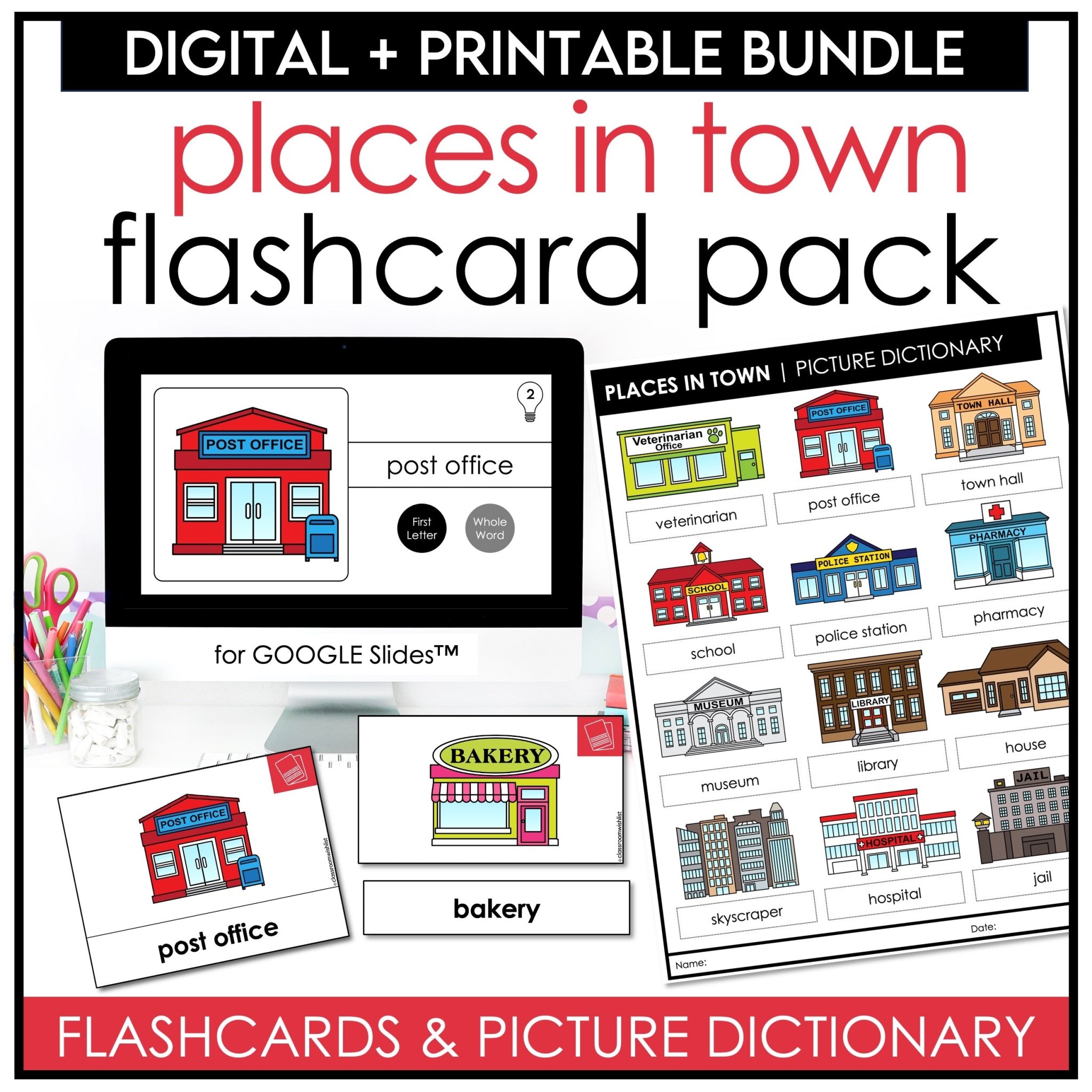 Places in town vocabulary flashcards digital and print city buildings for ESL students