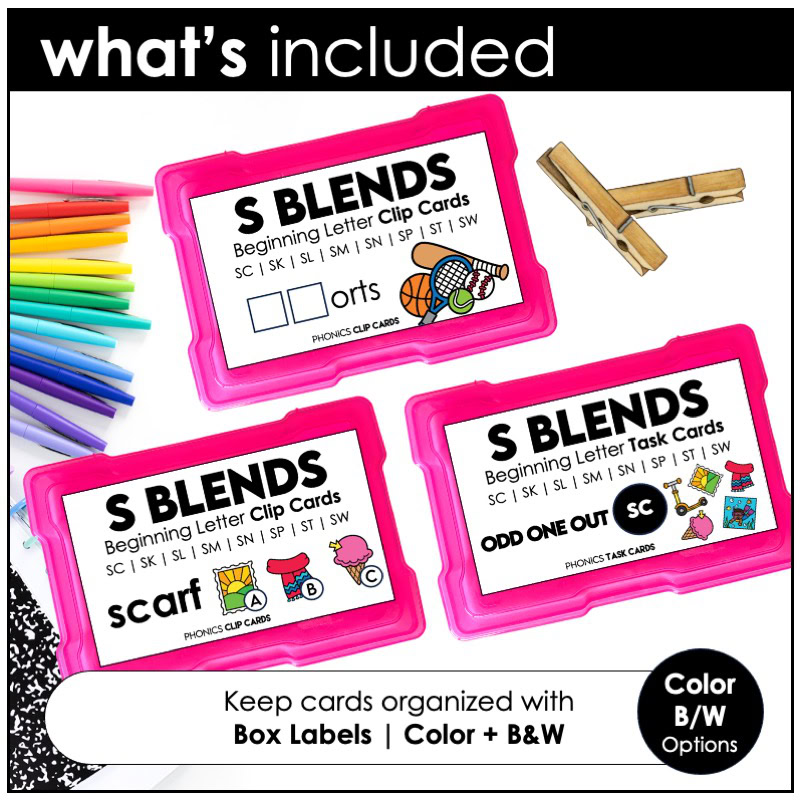 Printable S-blends task cards with box labels for phonics organization