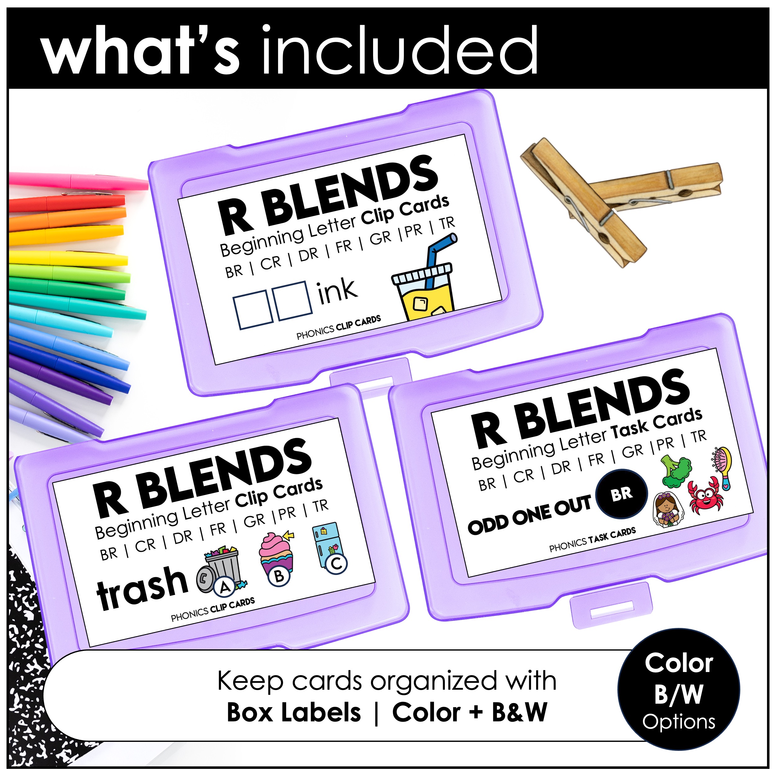 R blends box labels for organizing phonics centers task cards and clip cards in literacy bins