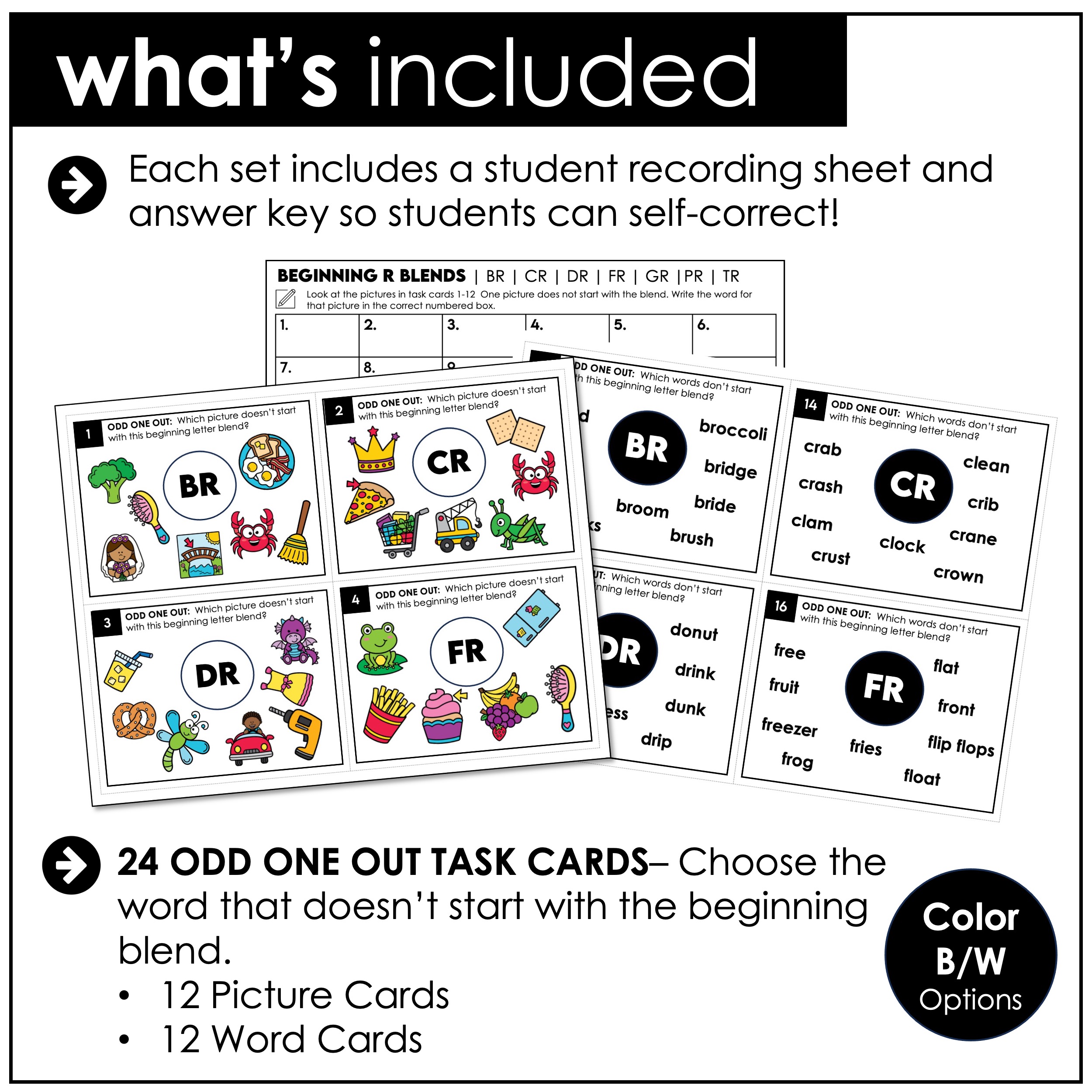 R blends phonics task cards for literacy centers with beginning blends BR CR DR FR GR PR TR practice