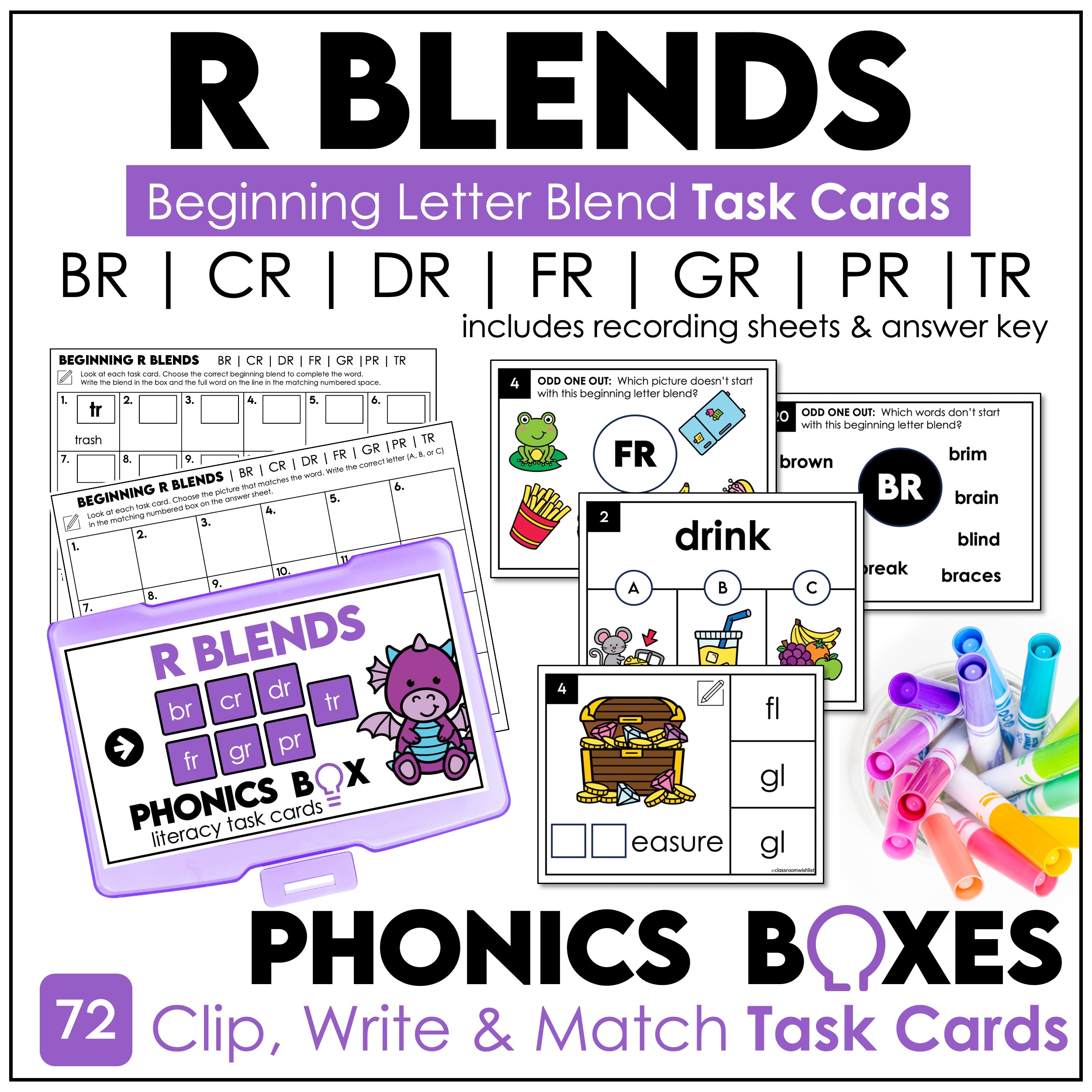 Printable R blends task cards phonics activities for first grade beginning blends BR CR DR FR GR PR TR