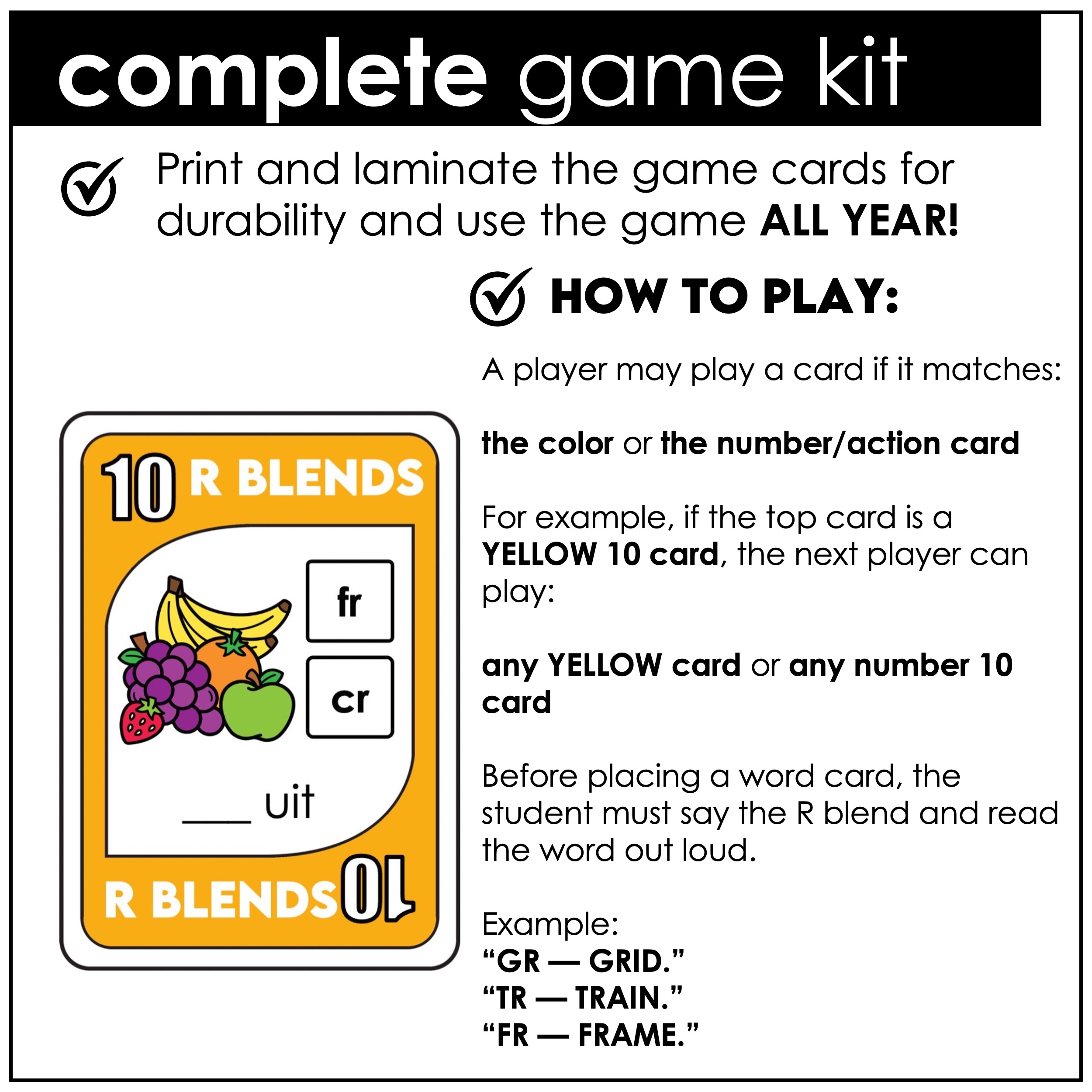 UNO-style R blends reading game for first grade phonics and beginning blend words practice