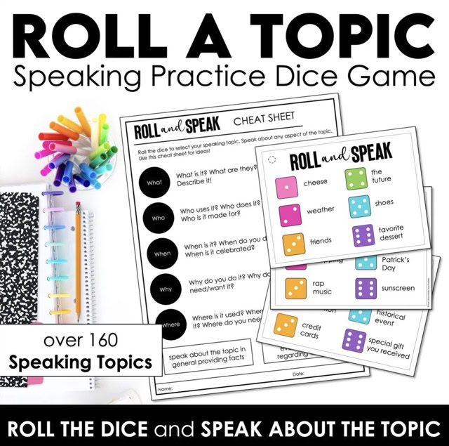 Roll-a-topic ESL speaking dice game for student-led oral communication practice