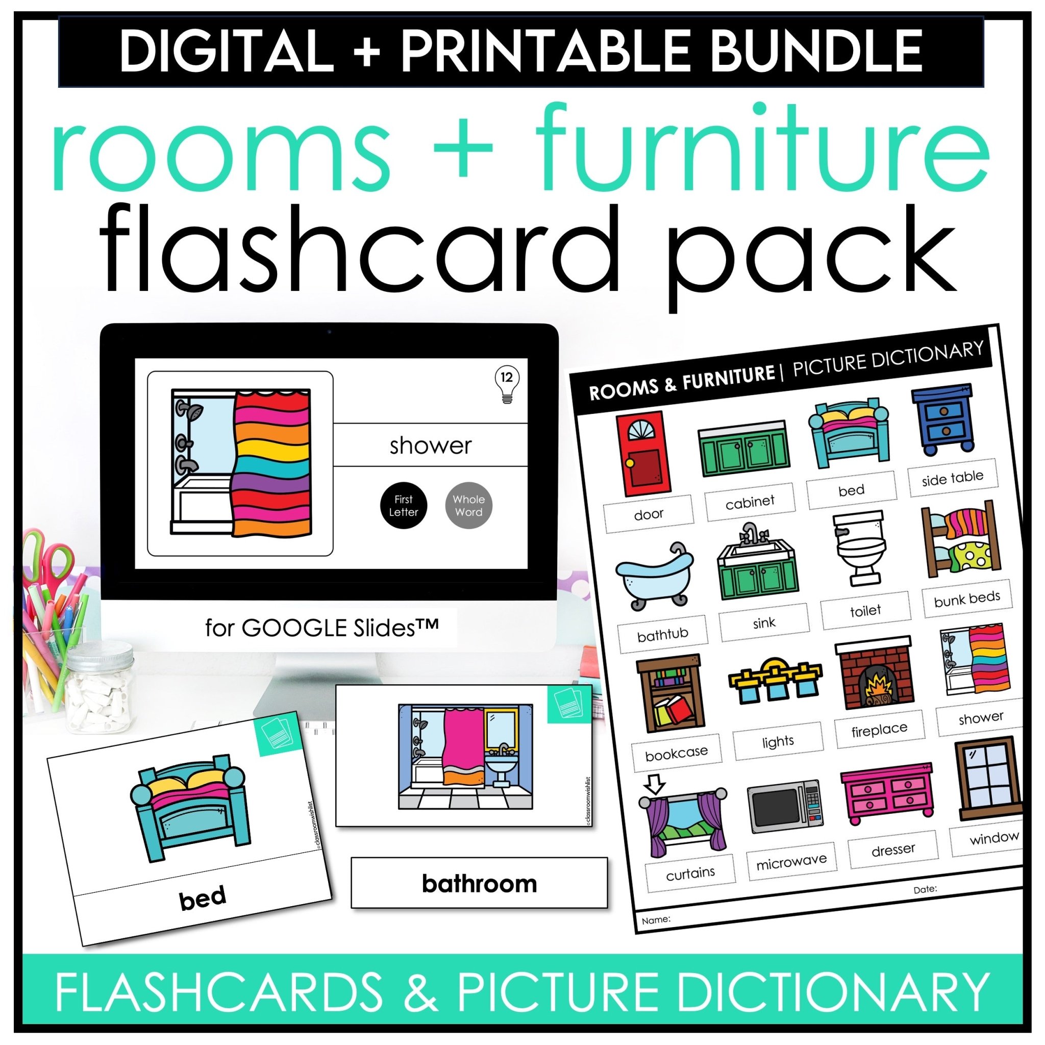 Rooms and furniture vocabulary flashcard bundle print and digital for ESL EFL and ELL students