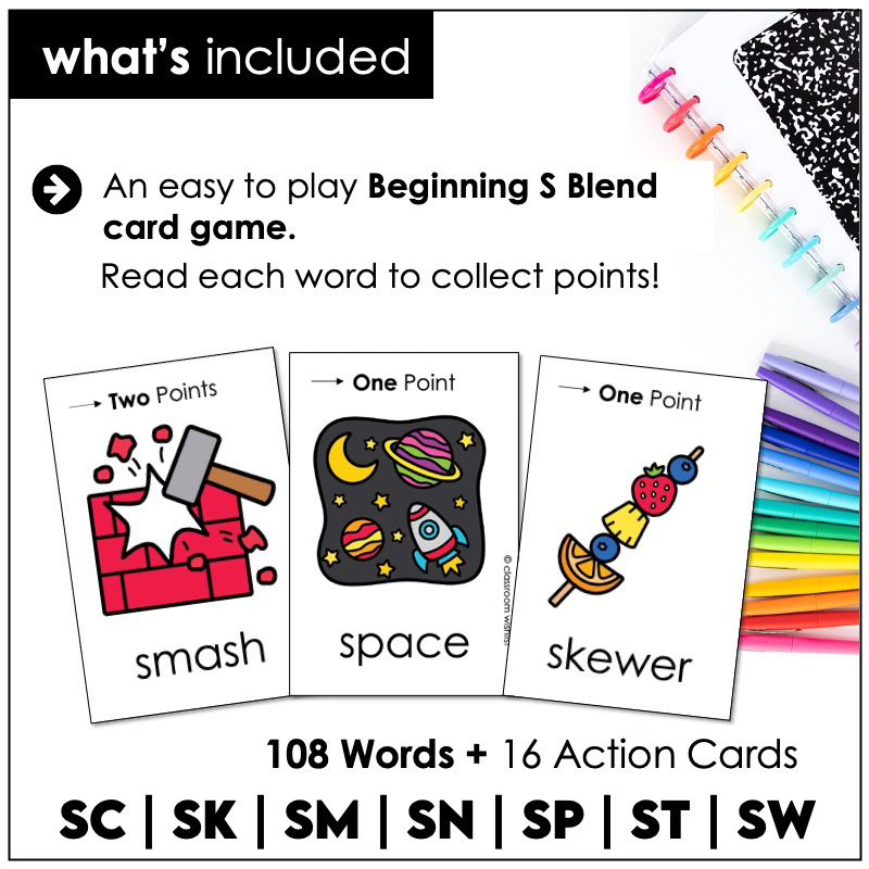 S-blends action cards reading game for phonics centers