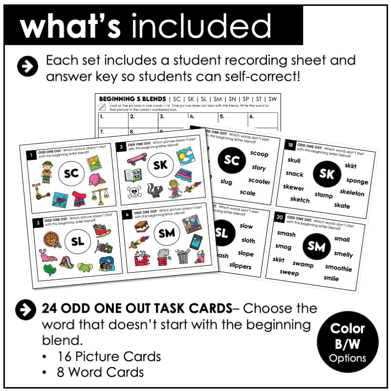 S-blends odd one out task cards for phonics intervention
