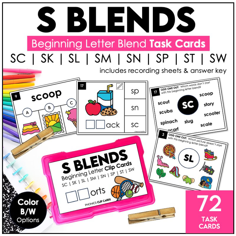 S-blends task cards beginning blends phonics activities