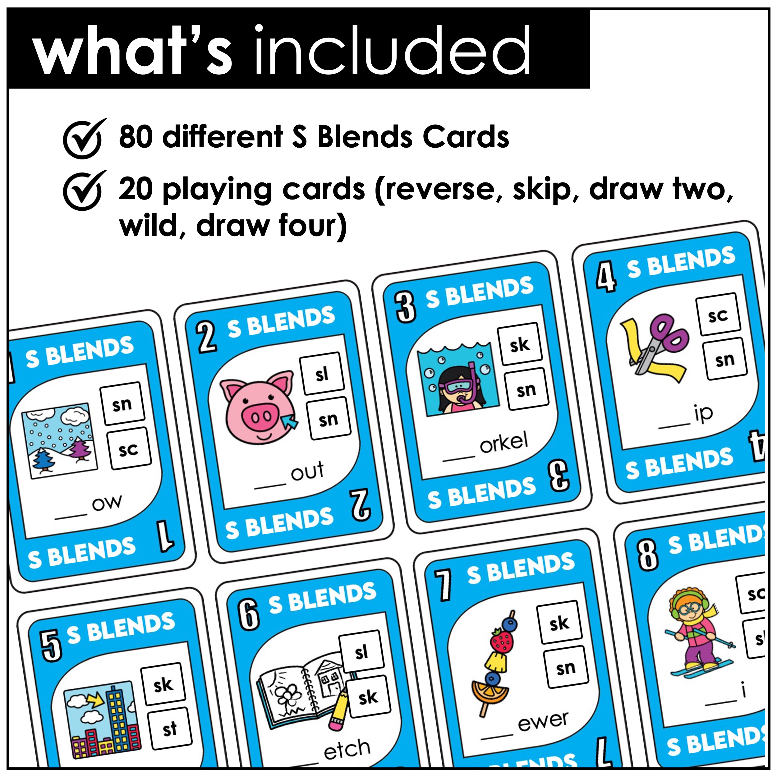 S blends UNO-style phonics card game for beginning blends activities and first grade reading practice