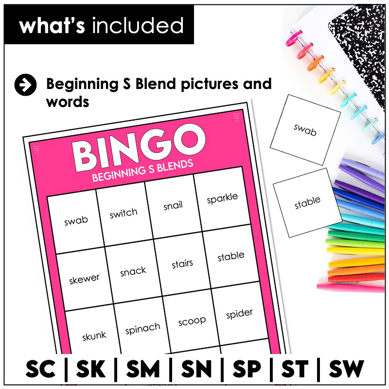S-blends word-only bingo reading activity for phonics practice