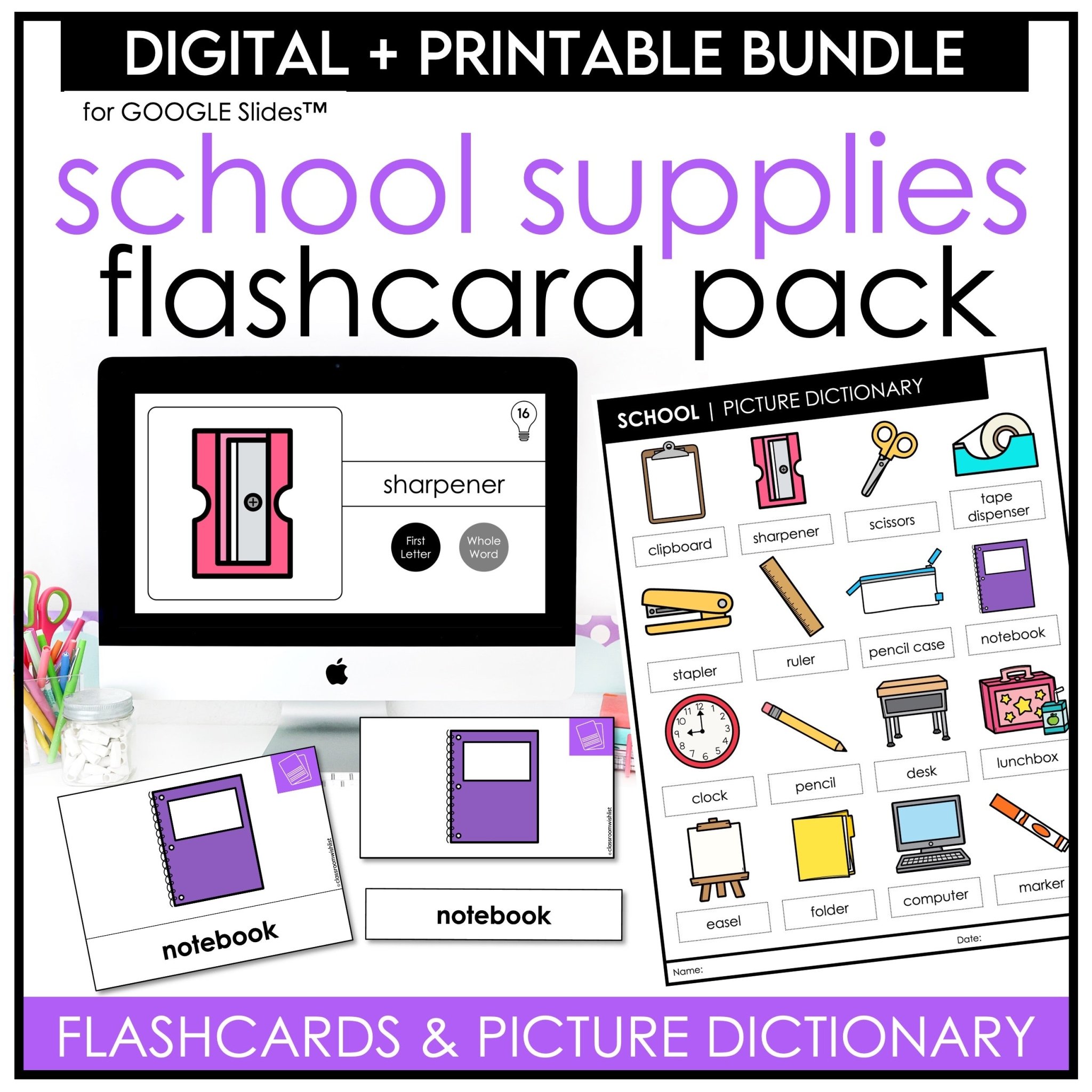 School and classroom vocabulary flashcards picture dictionary print and digital for ESL students