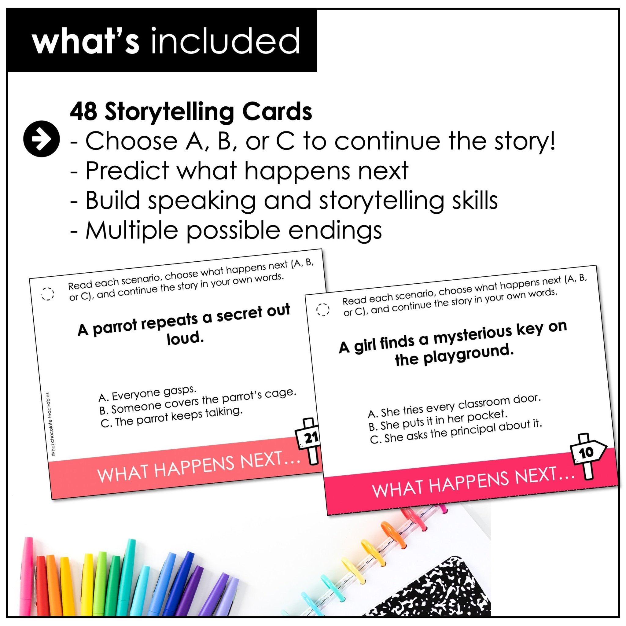Storytelling prediction cards for speaking activity with what happens next options and inferencing prompts