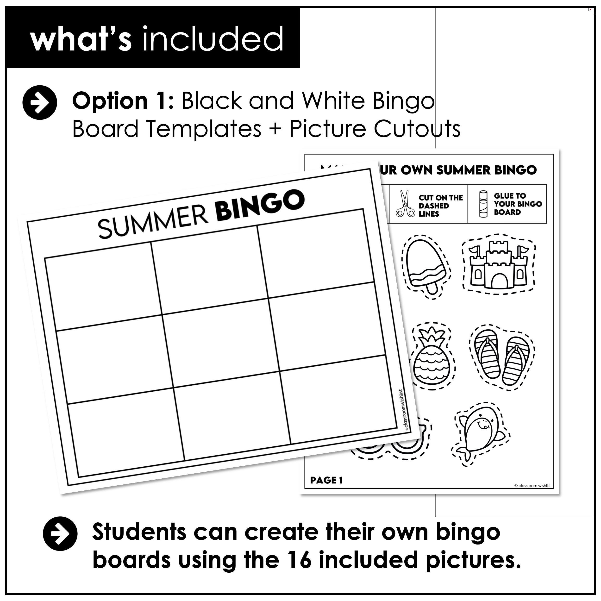 Summer bingo blank board with picture cutouts for make your own bingo board activity