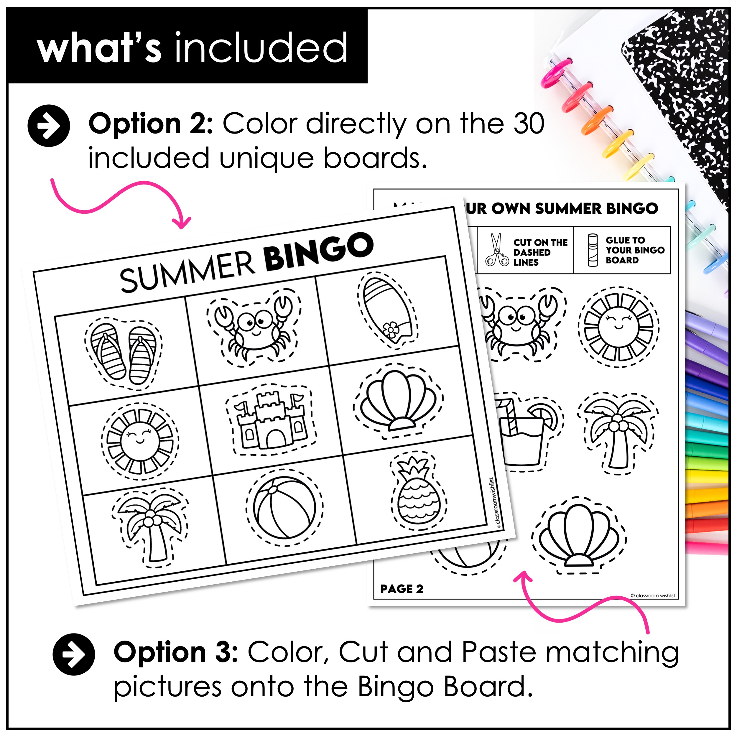 Summer bingo color cut and paste options for preschool and kindergarten vocabulary practice
