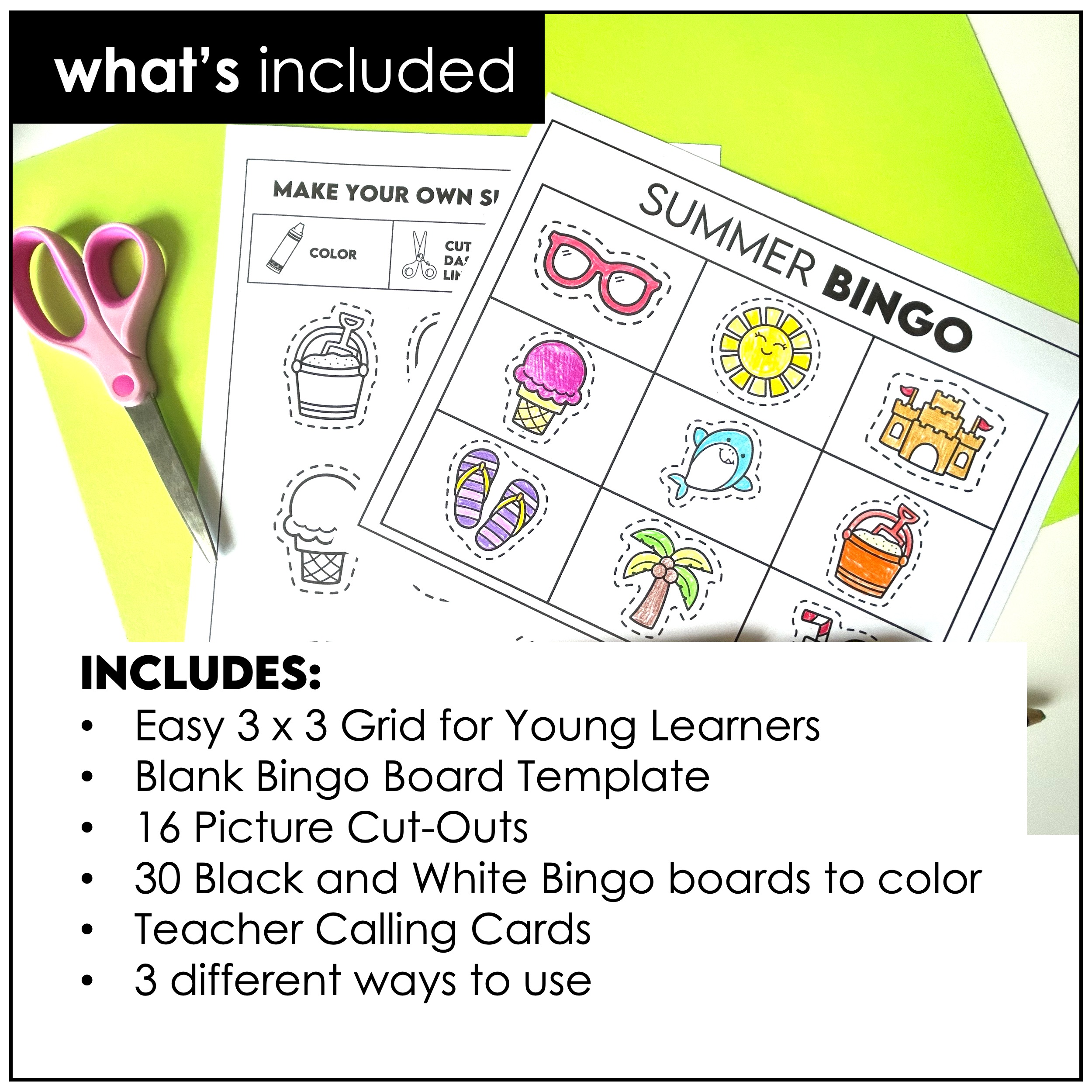Summer bingo preschool fine motor activity with coloring cutting and pasting practice