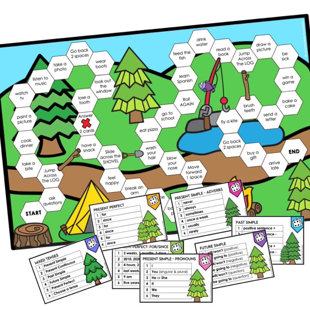 Verb tenses board game ESL activity for end of year