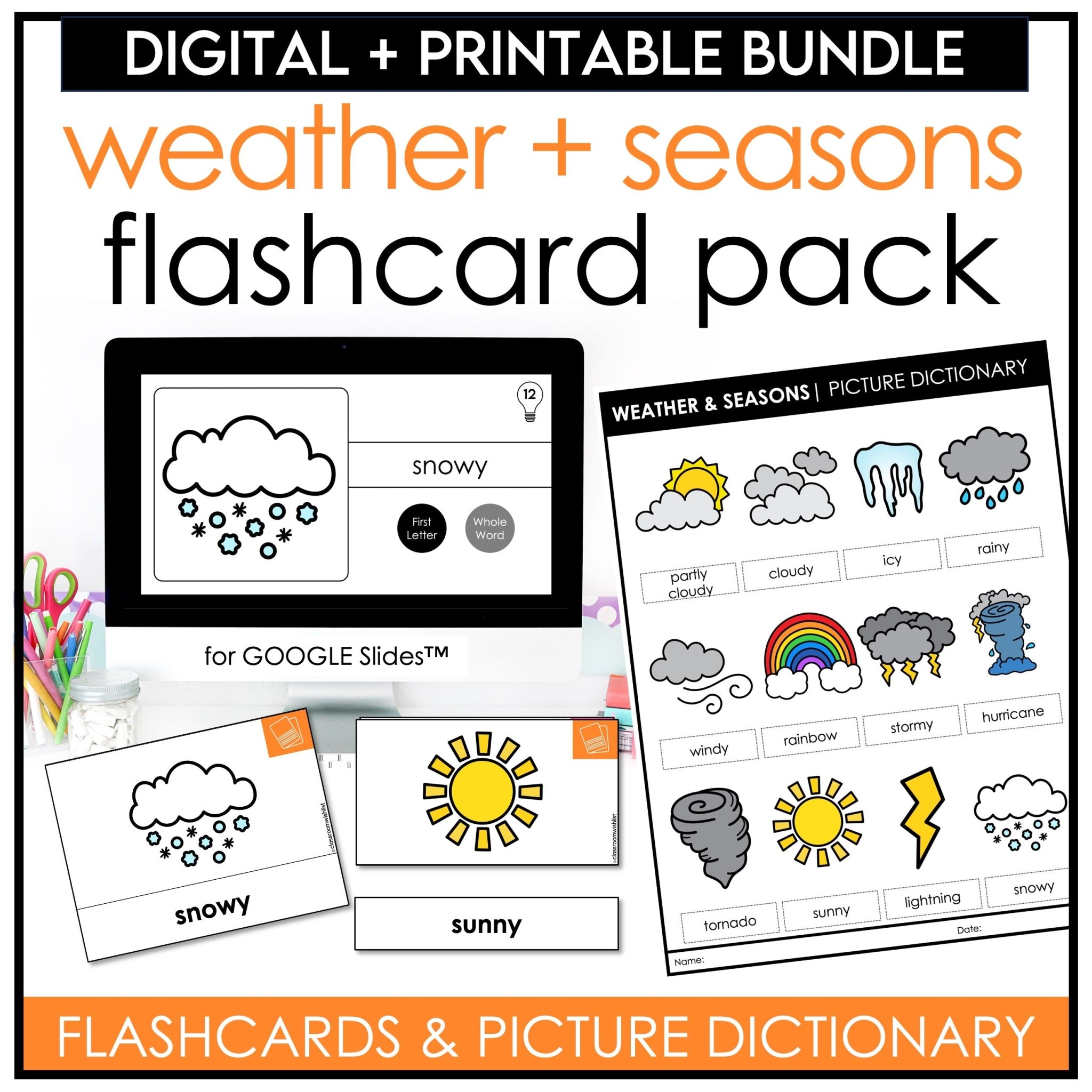 Weather and seasons bundle digital and print flashcards picture dictionary for ESL vocabulary