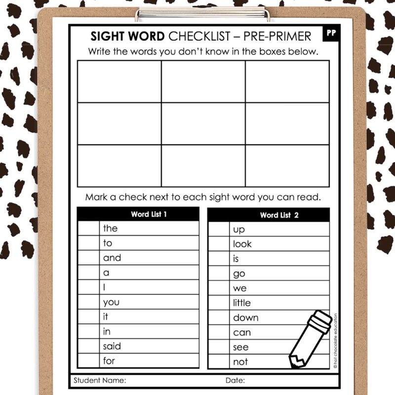 Free Pre-Primer Sight Word Checklist for teachers