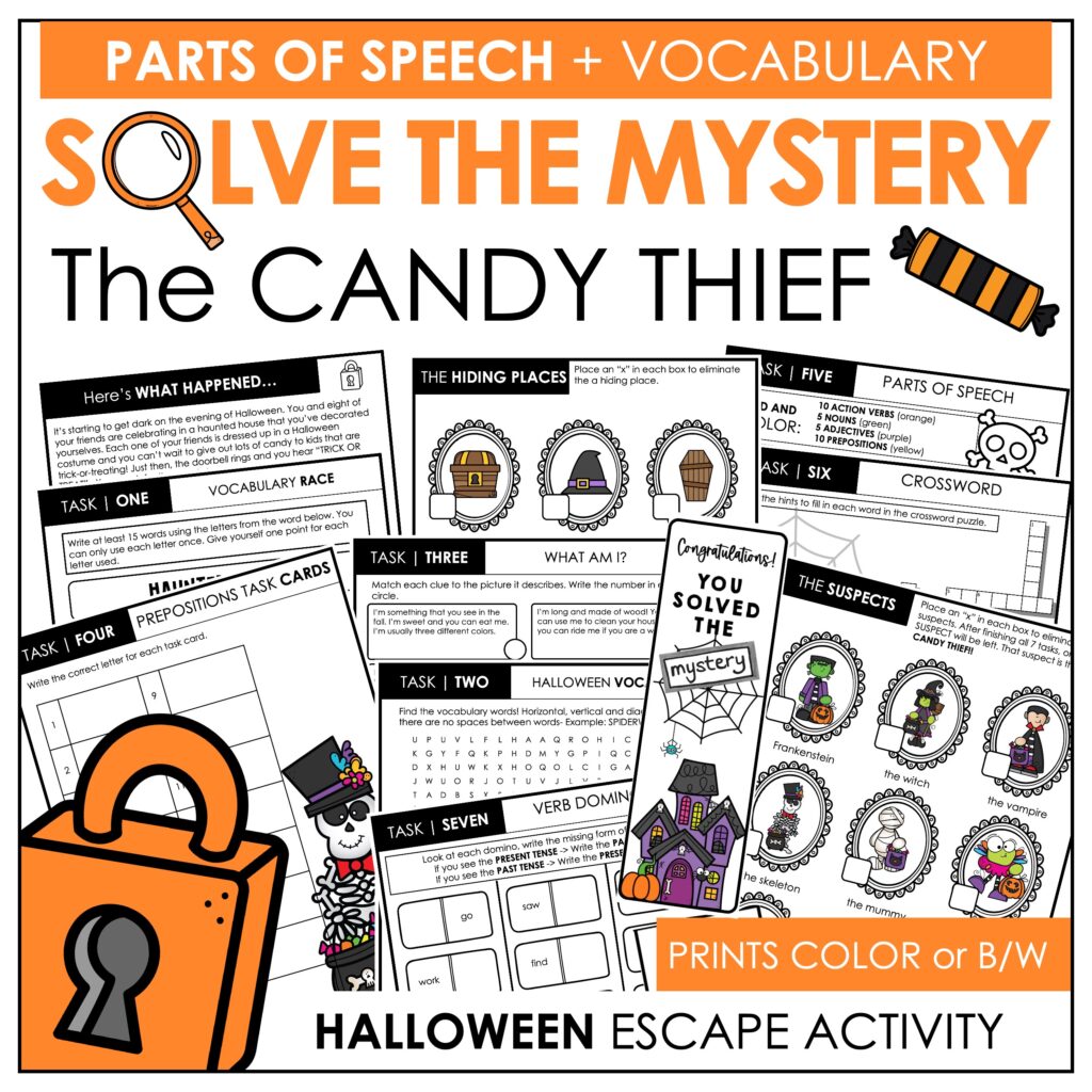 Solve the Mystery Halloween Escape Activity using Parts of Speech and Vocabulary